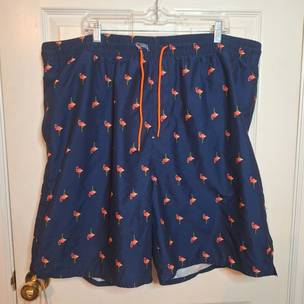 Old Navy Blue Pink Flamingo Print Swim Trunks Board Shorts Maximalism Size XXL